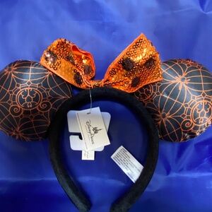 NWT  Disney Parks Halloween Minnie Mouse Sequin Black Orange Spider Web Ears